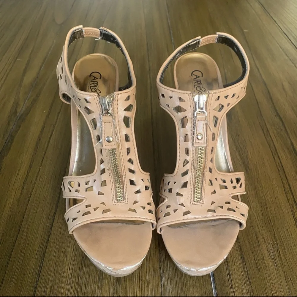 Carlos Santana nude cork cutout leather wedges